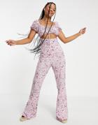 Asos Design Cut Out Milk Maid Kickflare Jumpsuit In Lilac Floral-multi