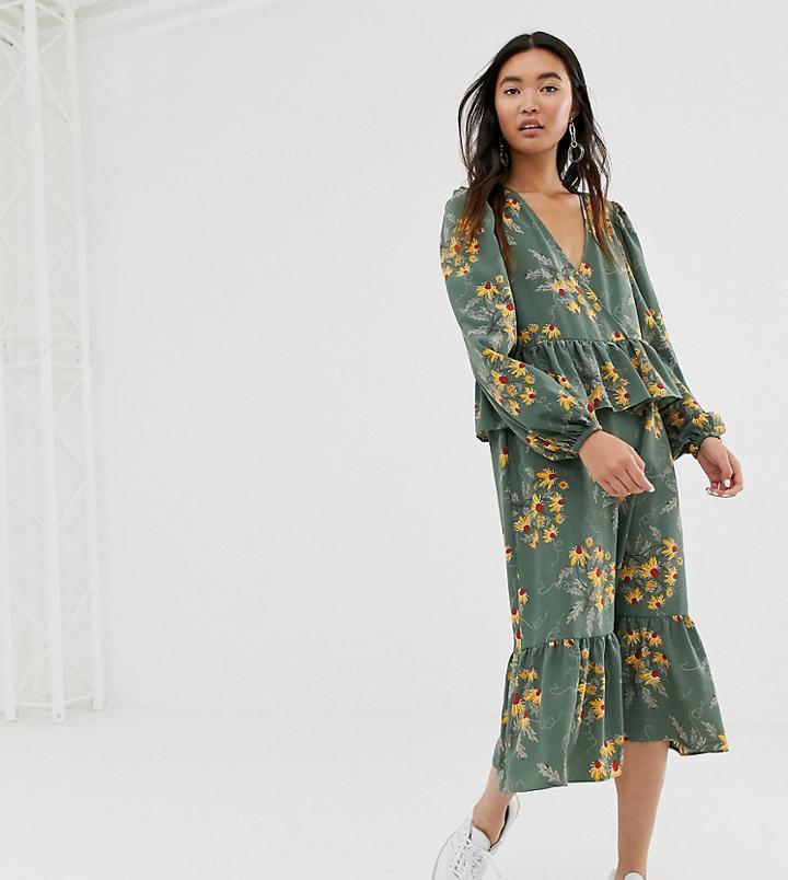 Monki Floral Print Midi Frill Dress In Green