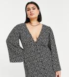 Asos Design Curve Button Through Mini Dress With 70s Sleeve In Black Animal Dot Print-multi