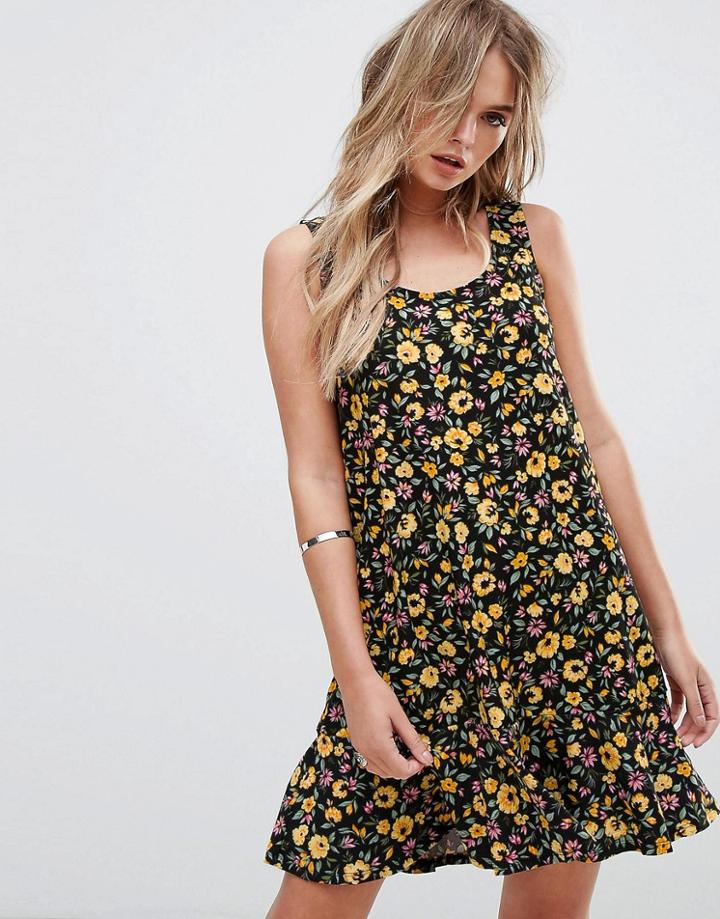 Mango Floral Print Fluted Hem Dress - Yellow