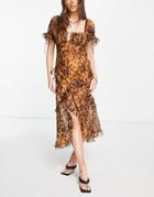 Asos Design Midi Tea Dress In Leopard Print With Bias Ruffle Detail-multi