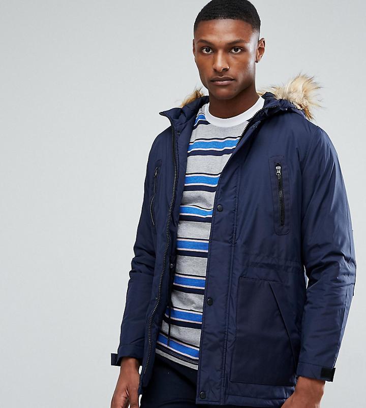 Asos Tall Parka Jacket With Faux Fur Trim In Navy - Navy