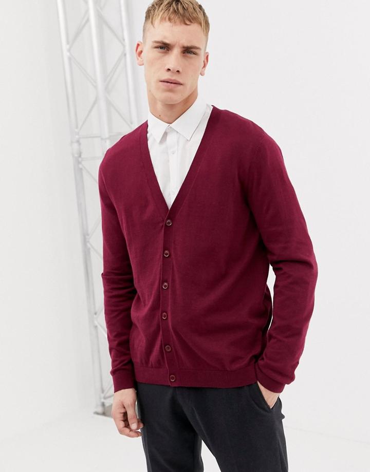 Asos Design Cotton Cardigan In Burgundy - Red