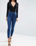 Asos Rivington Denim High Waist Jeggings In Amelia Dark Blue Wash - Blue