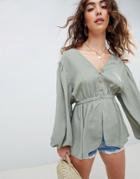 Asos Design Plunge Top With Kimono Sleeve And Button Detail - Green