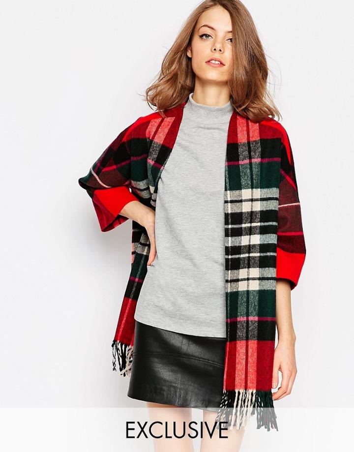 Helene Berman Fringe Trim Kimono Coat In Check