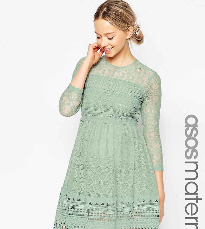 Asos Maternity Premium Lace Skater Mini Dress With Guiporre Border-green
