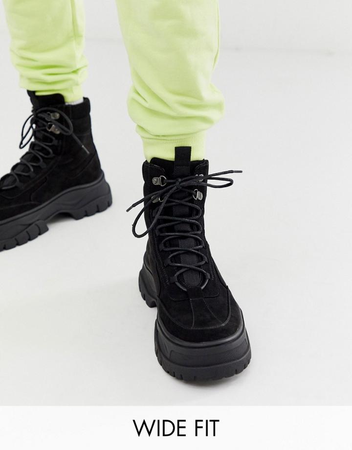 Asos Design Wide Fit Lace Up Boot In Black Faux Nubuck With Chunky Sole
