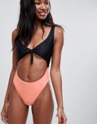 Brave Soul Cut Out Tie Front Color Block Swimsuit - Pink