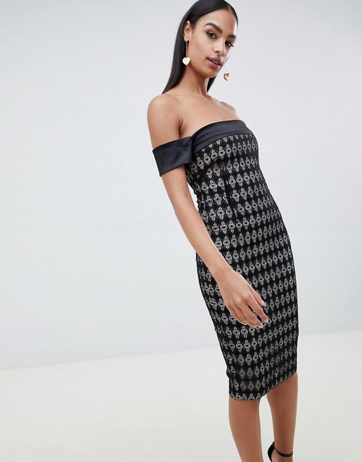 Vesper Grid Print Off The Shoulder Pencil Dress - Black