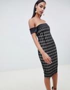 Vesper Grid Print Off The Shoulder Pencil Dress - Black