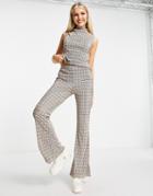 Topshop Plisse Flared Pant In Check Print - Part Of A Set-multi