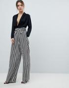 Boohoo Tie Waist Striped Wide Leg Pants - Black