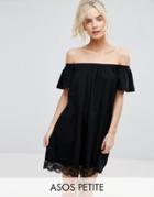 Asos Petite Off Shoulder Mini Dress With Lace Hem - Black