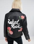 Asos Leather Biker Jacket In Black With Rebel Rose Back Print - Black