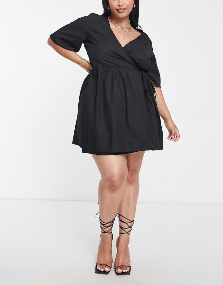 Asos Design Curve Smock Tie Waist Wrap Mini Dress In Black
