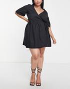 Asos Design Curve Smock Tie Waist Wrap Mini Dress In Black