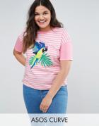 Asos Curve T-shirt In Block Candy Stripe With Tropical Bird Print - Multi