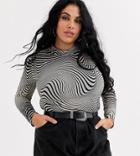 Daisy Street Plus High Neck Shrunken Top In Illusion Print Mesh-black
