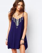 Kiss The Sky Festival Dress With Embroidery & Lace Up Back - Navy