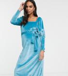 Asos Design Maternity Exclusive Square Neck Puff Sleeve Velvet Midi Dress-blue
