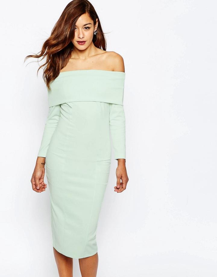 Asos Premium Scuba Deep Fold Off The Shoulder Bardot Midi Pencil Dress - Mint