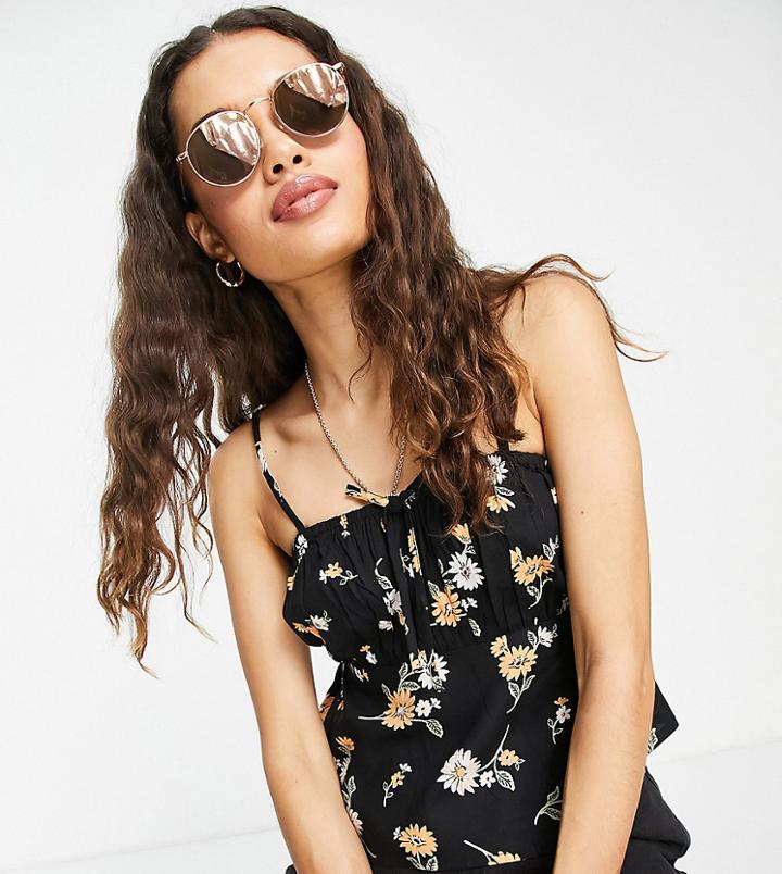 Miss Selfridge Petite Gathered Bust Tie Front Cami Top In Black Sunflower - Black