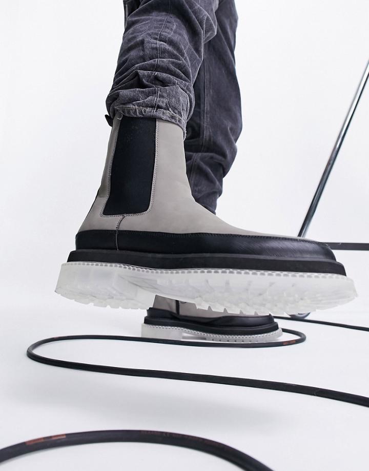 Asos Design Chelsea Calf Boots In Stone Faux Suede With Transluscent Chunky Sole-neutral