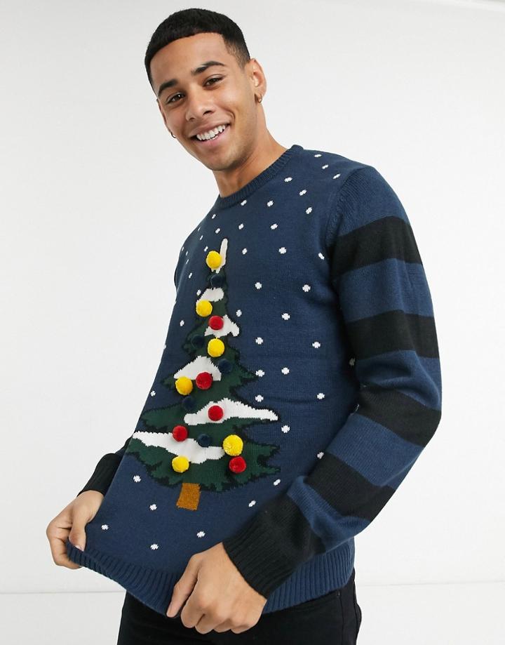 Only & Sons Christmas Sweater With Christmas Tree And Striped Sleeves In Navy