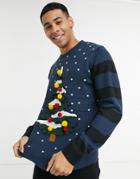 Only & Sons Christmas Sweater With Christmas Tree And Striped Sleeves In Navy