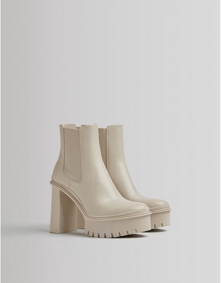 Bershka Heeled Ankle Boots With Platform And Track Sole In Cream-grey
