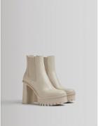Bershka Heeled Ankle Boots With Platform And Track Sole In Cream-grey