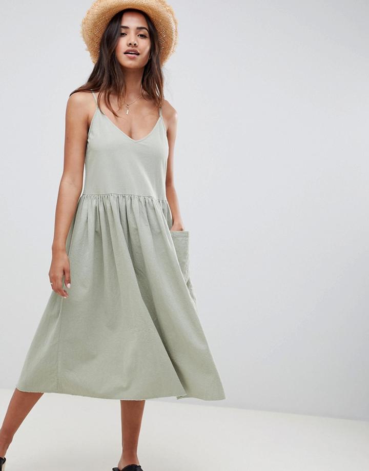 Asos Design Casual Smock Midi Cami Dress - Green