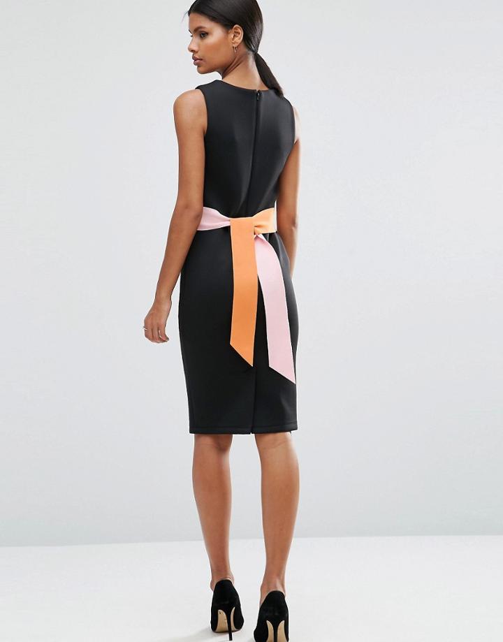 Asos Pencil Dress With Color Block Tie Belt - Black