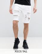 Asos Tall Slim Denim Shorts In White With Rips - White