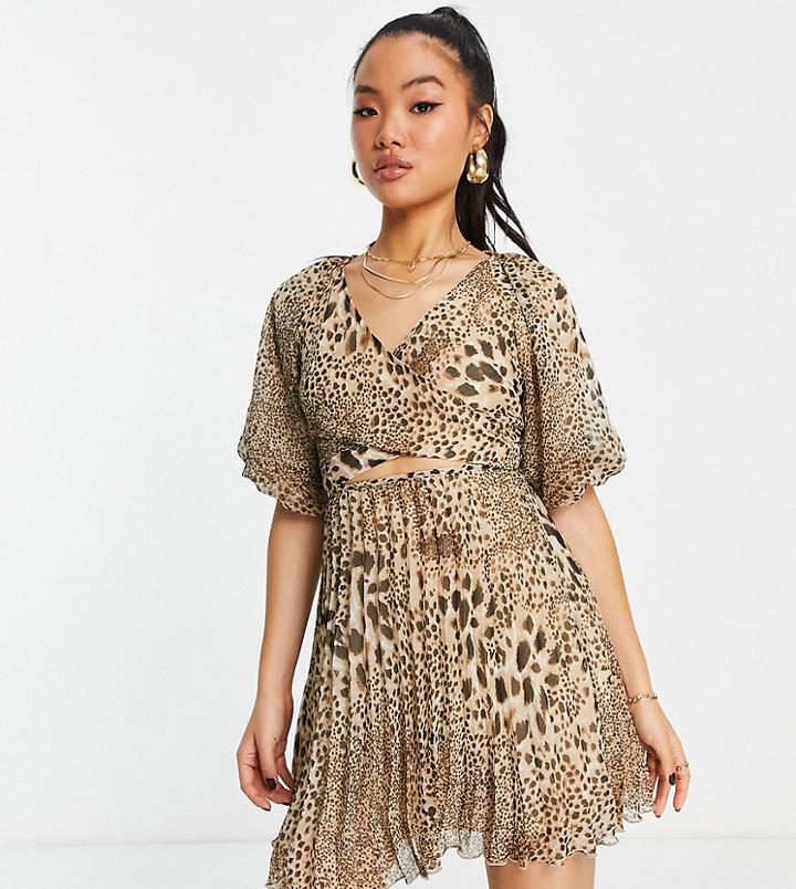 Asos Design Petite Wrap Around Pleated Mini Dress In Natural Animal Print-multi