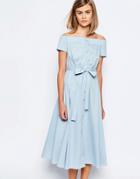 Lost Ink Off Shoulder Midi Dress With Button Through - Cornflower Blue