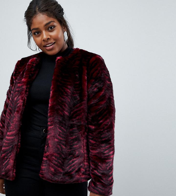Junarose Tiger Stripe Faux Fur Coat - Red