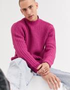 Asos Design Heavyweight Fisherman Rib Turtleneck Sweater In Pink