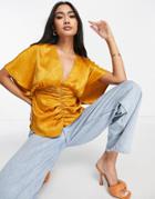 Asos Design V Neck Kimono Top With Gather And Ring Detail In Gold