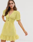 Moon River Twist Sleeve V-neck Dress With Ruffle - Yellow