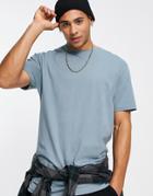 Asos Design Relaxed Longline T-shirt With Curved Hem In Blue-blues