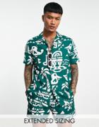 Asos Design Relaxed Revere Shirt In Abstract Print - Part Of A Set-green