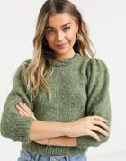 Only Chunky Sweater With Balloon Sleeves In Brushed Green Knit-blue