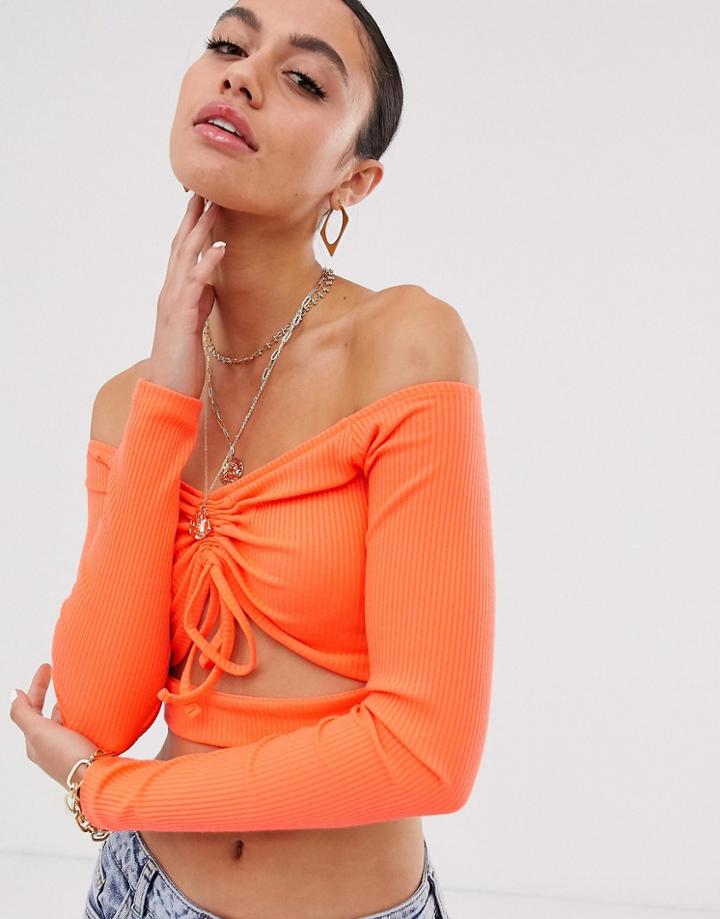 Asos Design Ruched Front Bardot Crop Top In Rib-orange