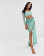 Asos Design Metallic Aqua Knitted Jersey Mesh Wrap Front Beach Maxi Skirt Two-piece-blue