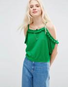 Asos Knitted Top With Ruffle Off Shoulder - Green