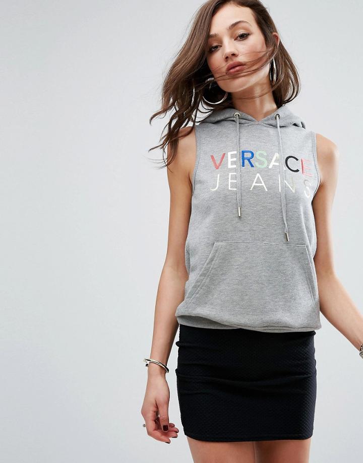 Versace Jeans Sleeveless Logo Hoodie - Gray