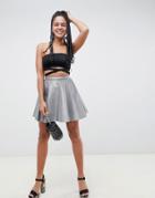 Asos Design Full Skater Mini Skirt In Silver Metallic