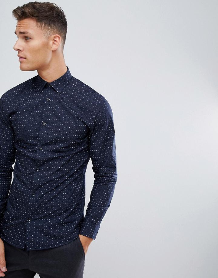 Selected Homme Smart Shirt In Slim Fit All Over Dot Print - Navy